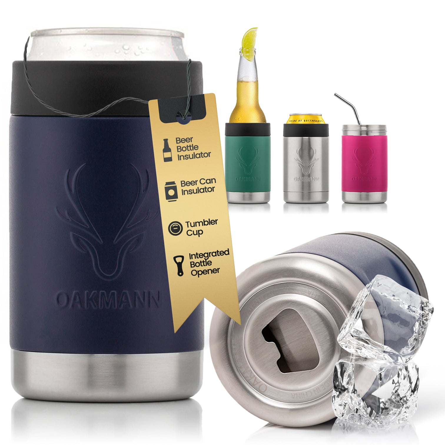STUBiBudi 14oz Beer Cooler for Bottles & Cans Built-In Bottle Opener (Navy)