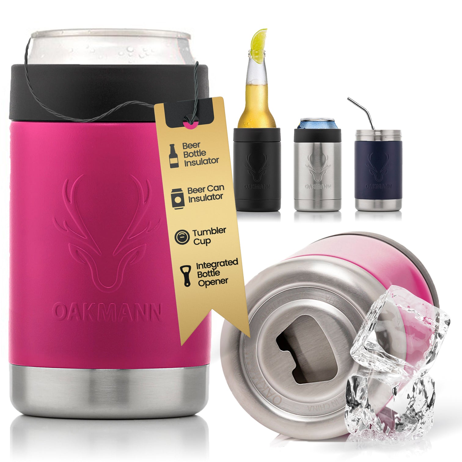 STUBiBudi 14oz Beer Cooler for Bottles & Cans Built-in Bottle Opener (Pink)