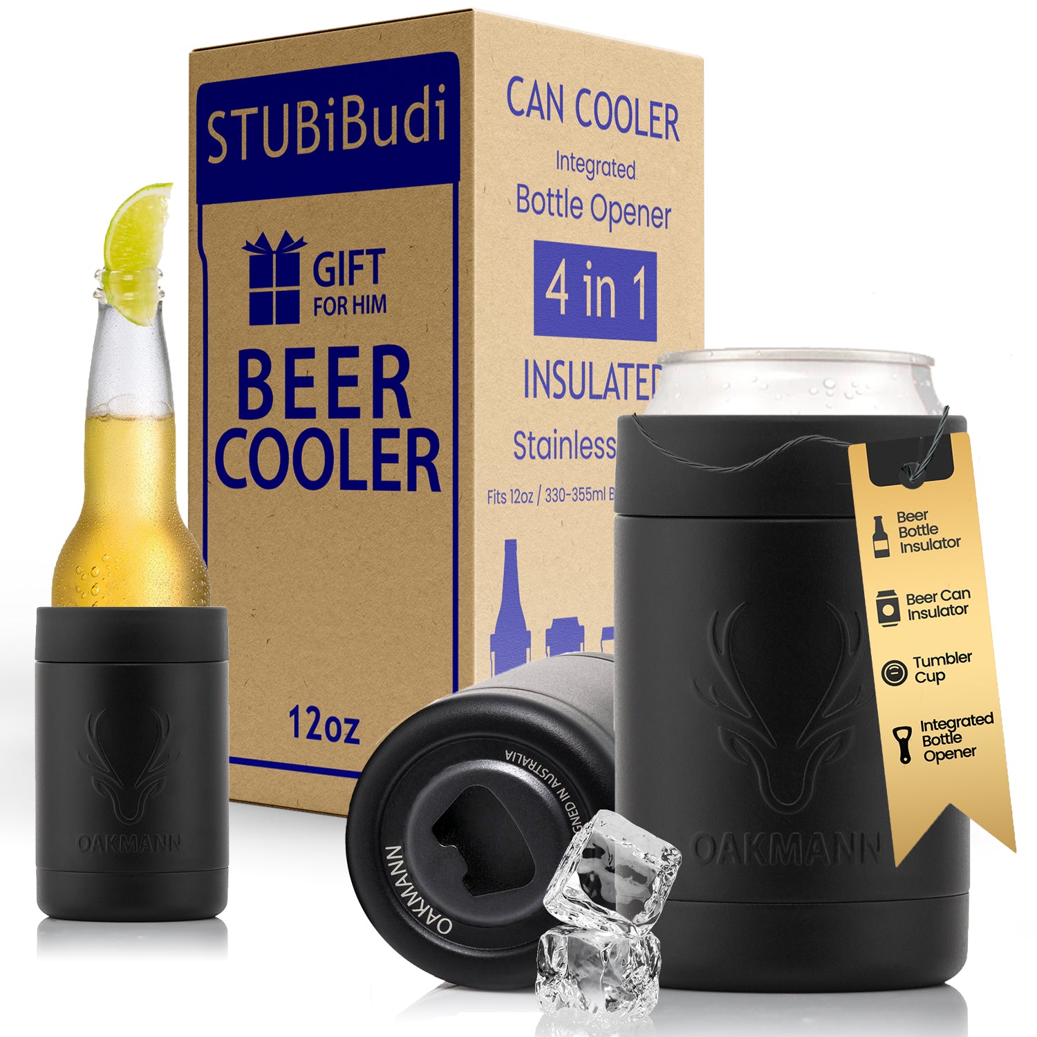 STUBiBudi 12oz Beer Cooler for Bottles and Cans with Bottle Opener (Matt Black)