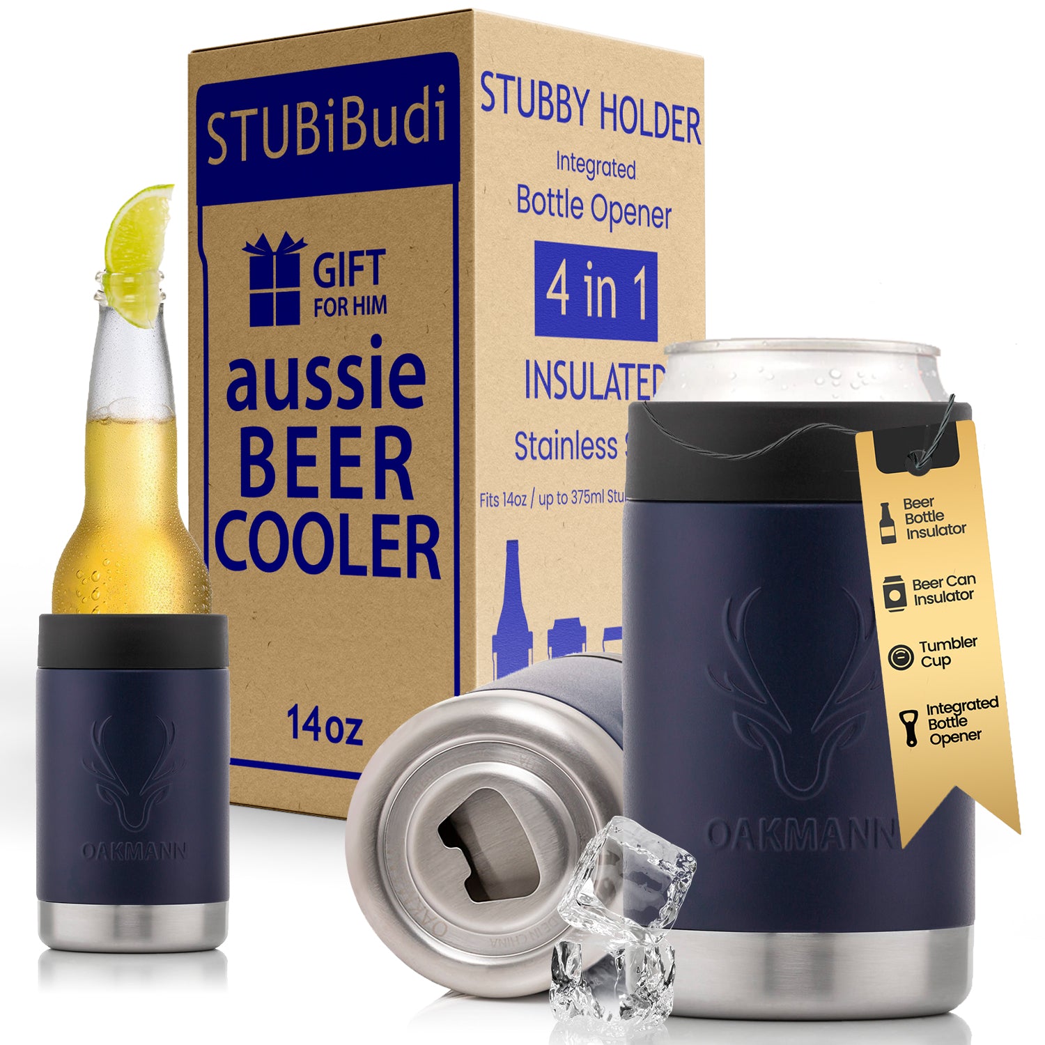 STUBiBudi 14oz Beer Cooler for Bottles & Cans Built-In Bottle Opener (Navy)