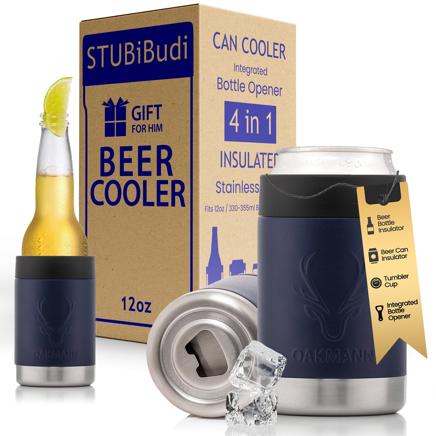 STUBiBudi 12oz Beer Cooler for Bottles and Cans with Bottle Opener (Navy)