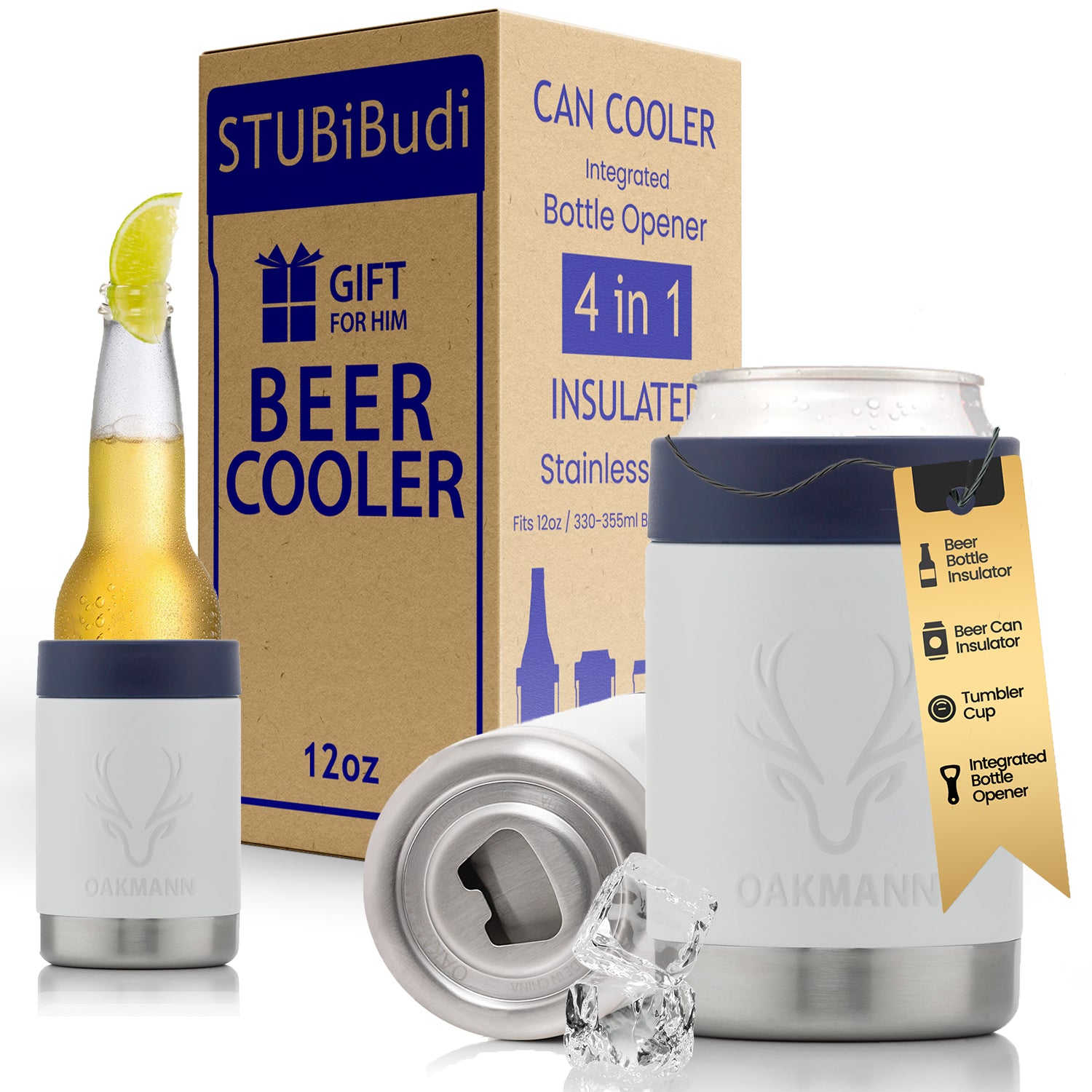 STUBiBudi 12oz Beer Cooler for Bottles and Cans with Bottle Opener (White)