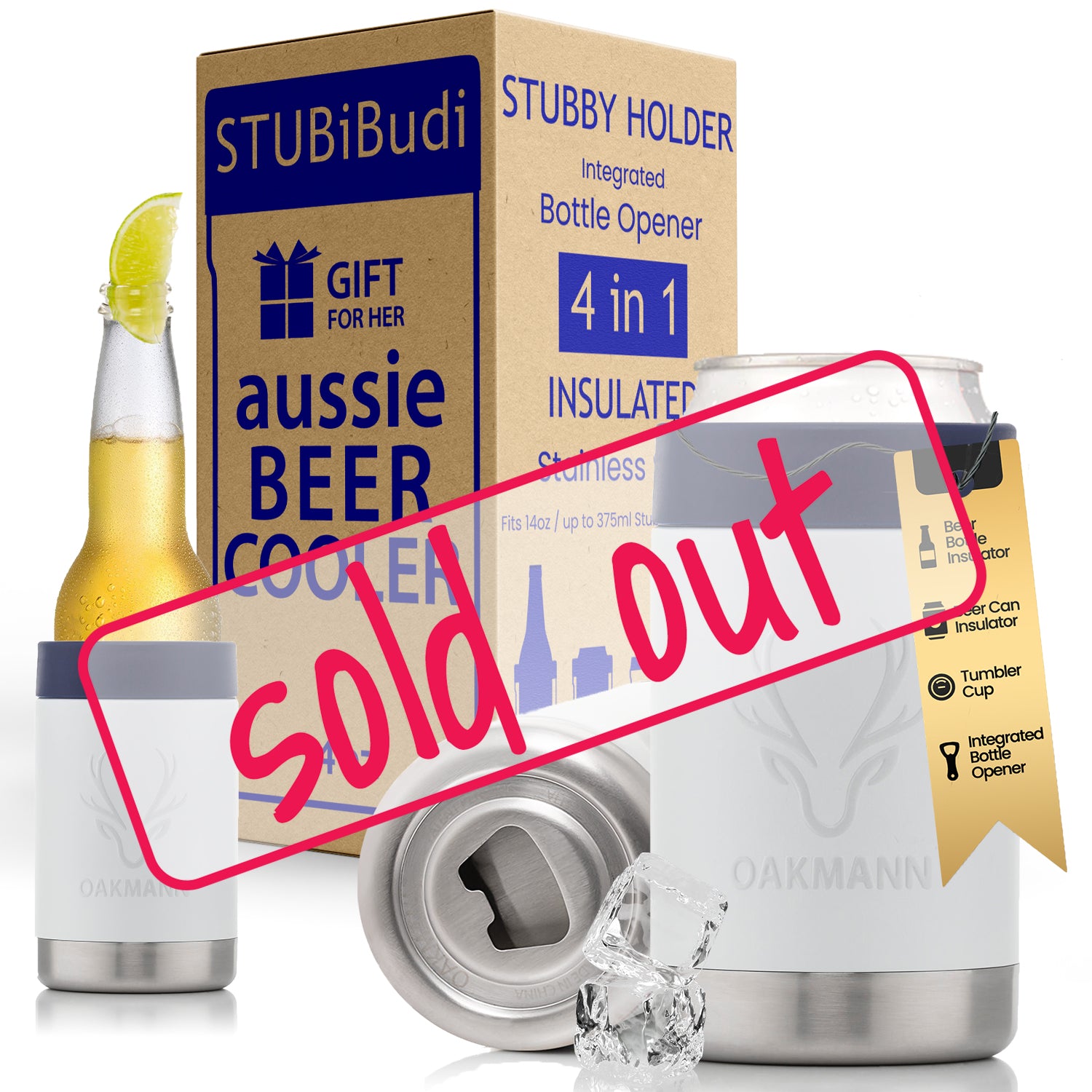 STUBiBudi 14oz Beer Cooler for Bottles & Cans Built-In Bottle Opener (White)