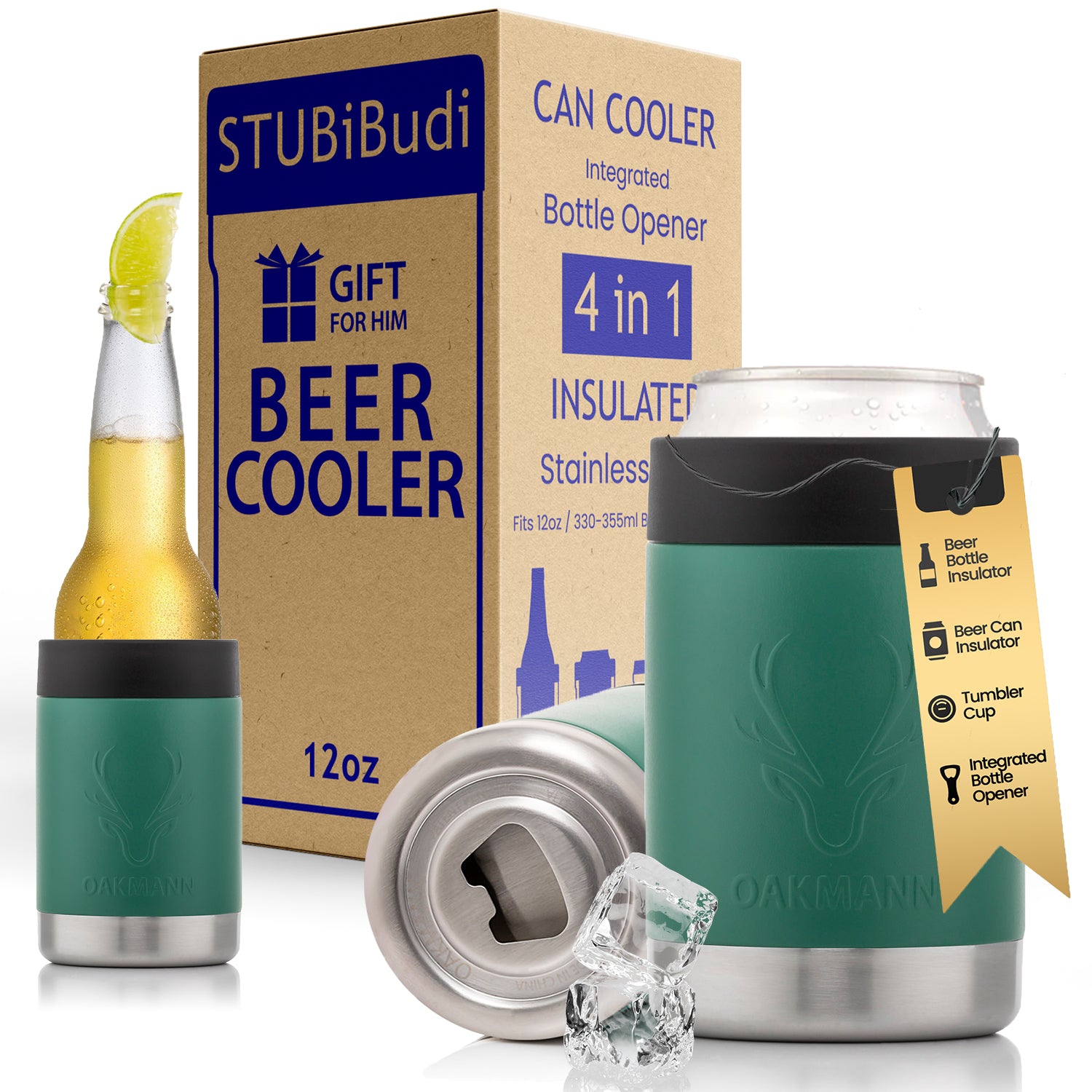 STUBiBudi 12oz Beer Cooler for Bottles and Cans with Bottle Opener (Green)