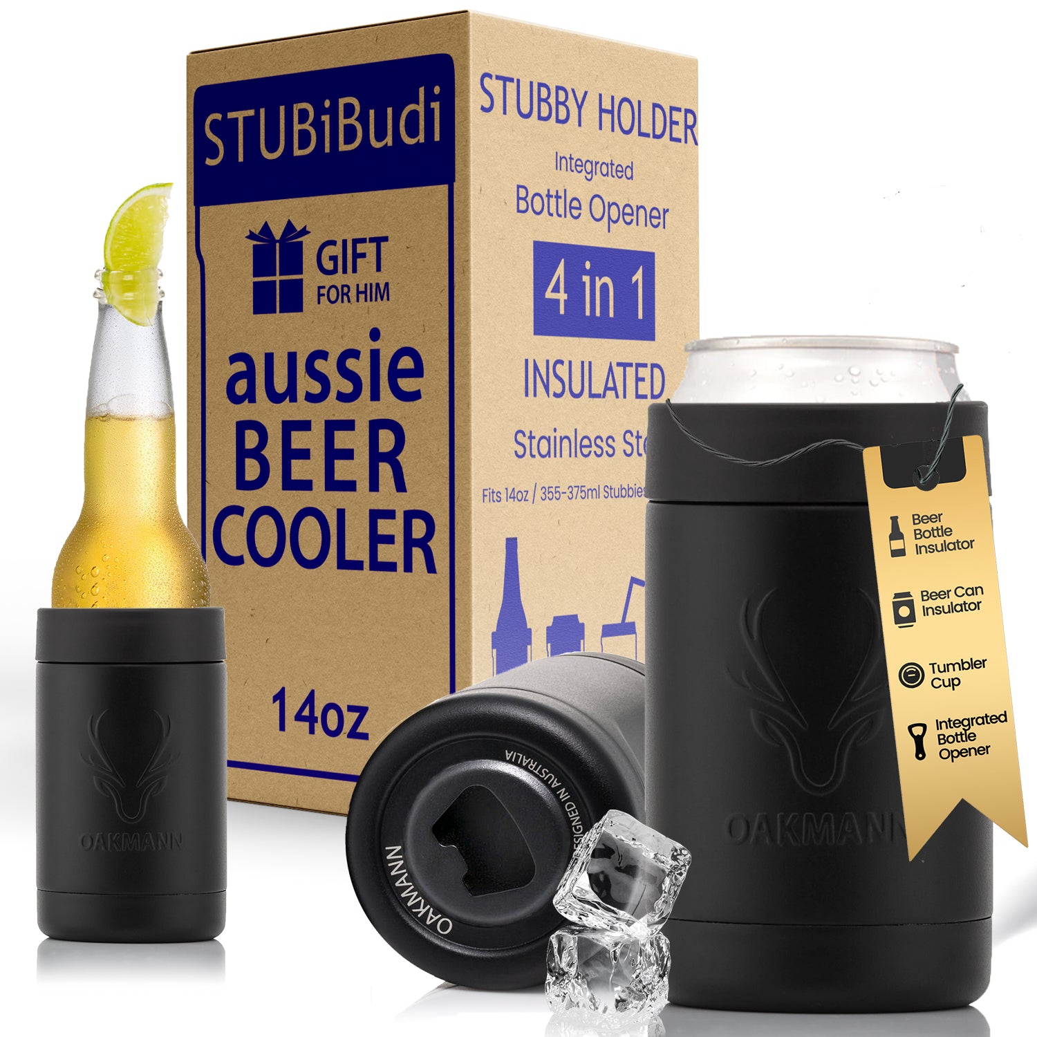 STUBiBudi 14oz Beer Cooler for Bottles & Cans Built-In Bottle Opener (Matt Black)