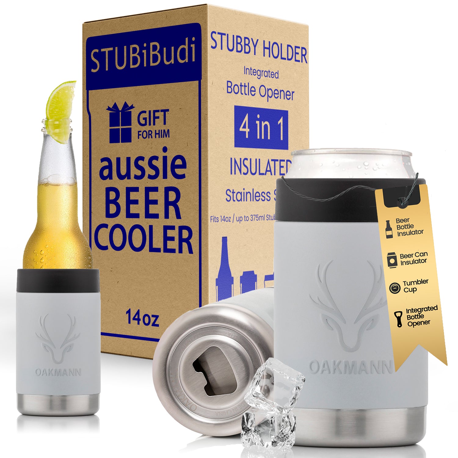 STUBiBudi 14oz Beer Cooler for Bottles & Cans Built-In Bottle Opener (Mist Grey)