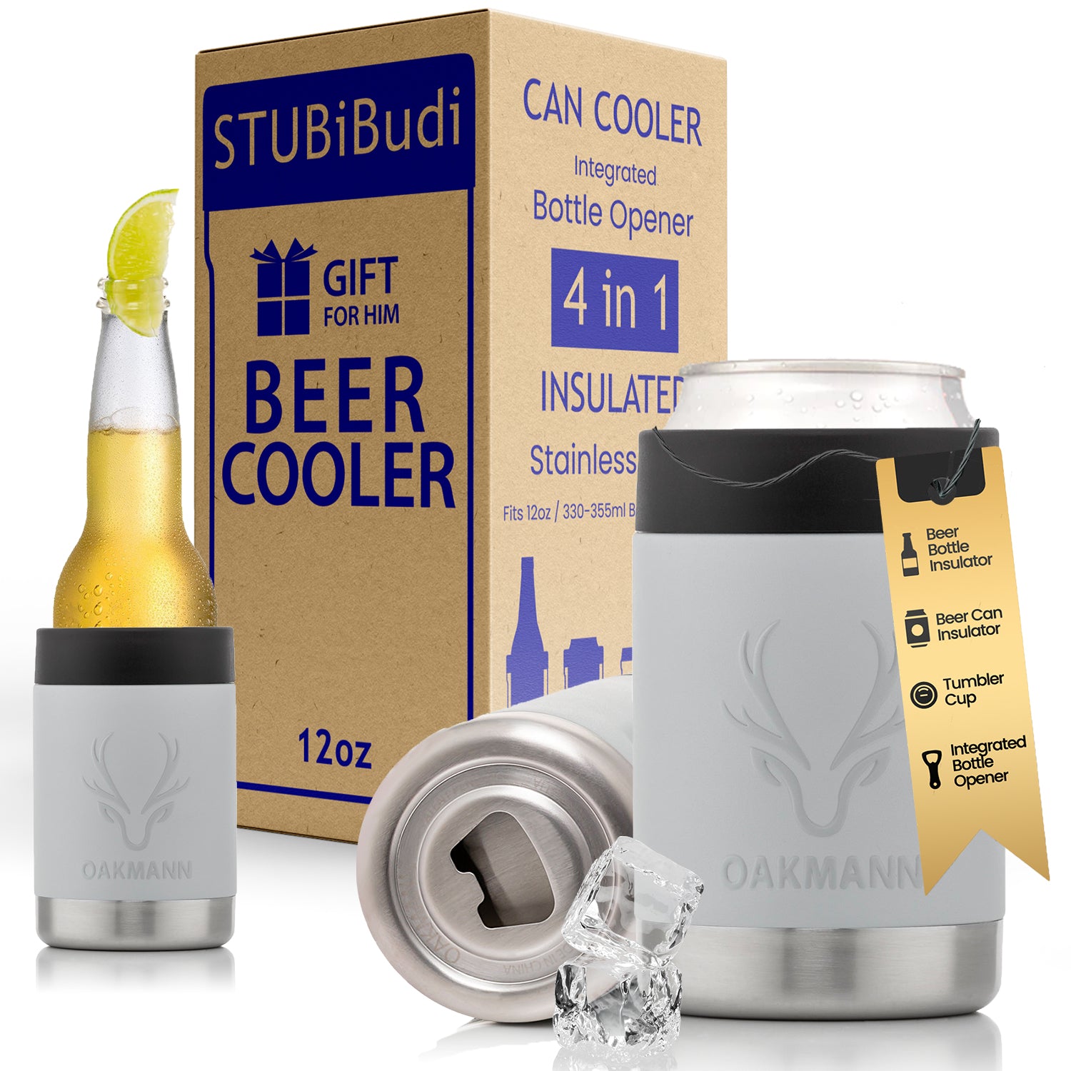 STUBiBudi 12oz Beer Cooler for Bottles and Cans with Bottle Opener (Mist Grey)