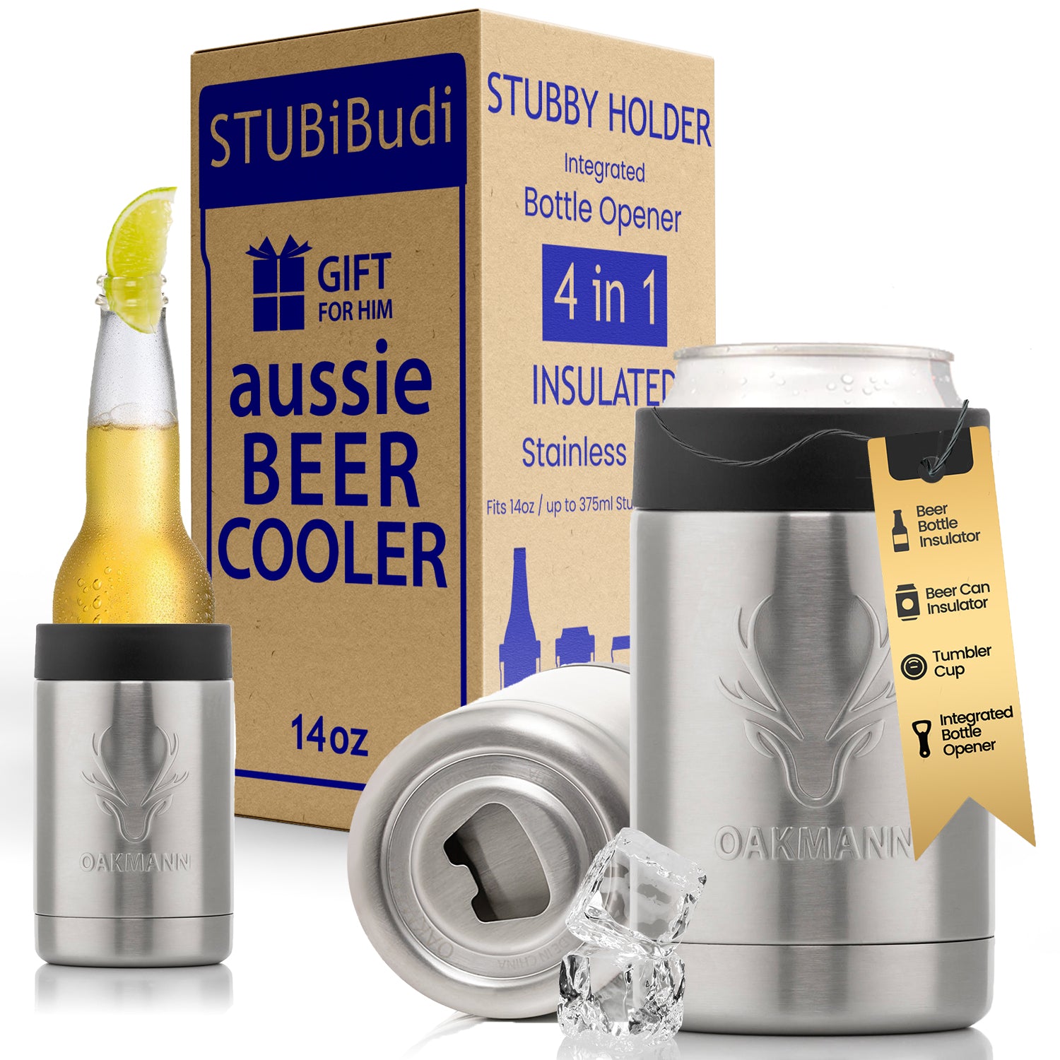STUBiBudi 14oz Beer Cooler for Bottles & Cans Built-In Bottle Opener (Steel)