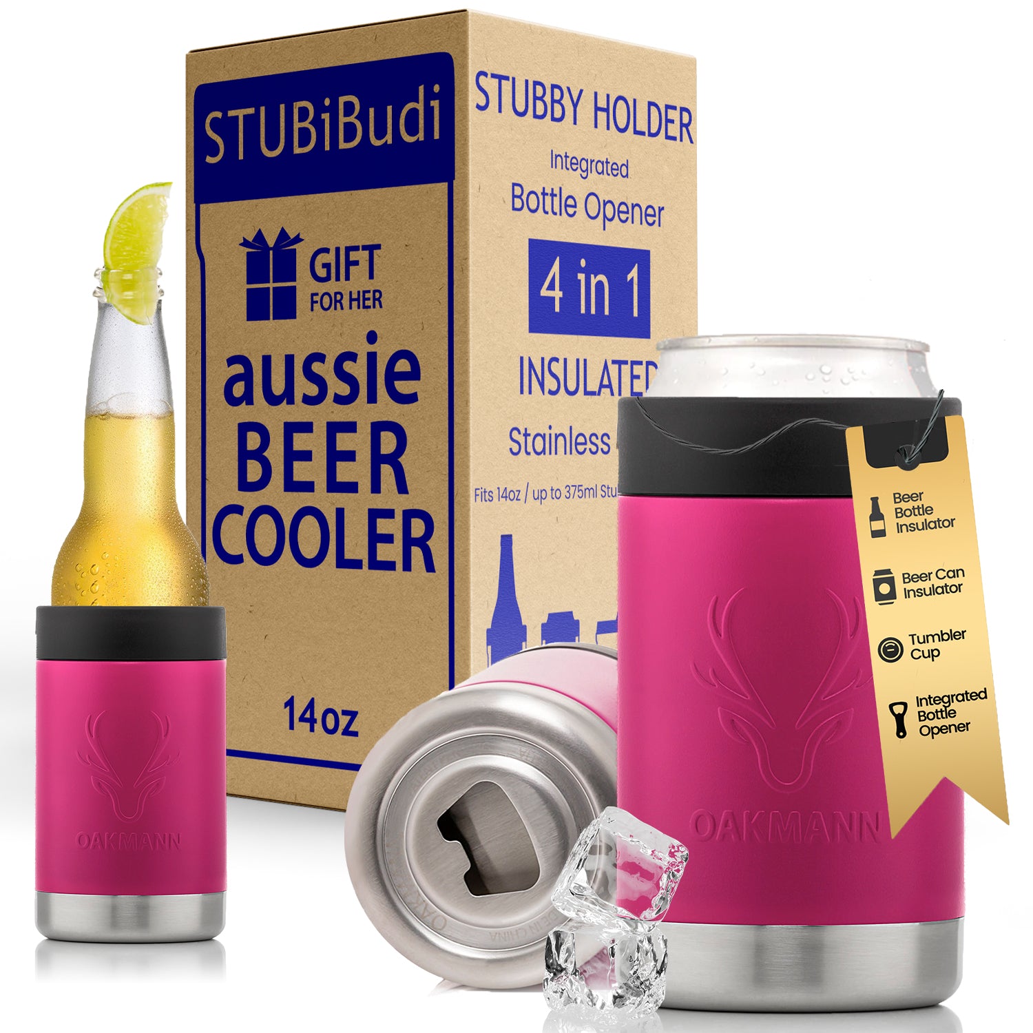 STUBiBudi 14oz Beer Cooler for Bottles & Cans Built-in Bottle Opener (Pink)