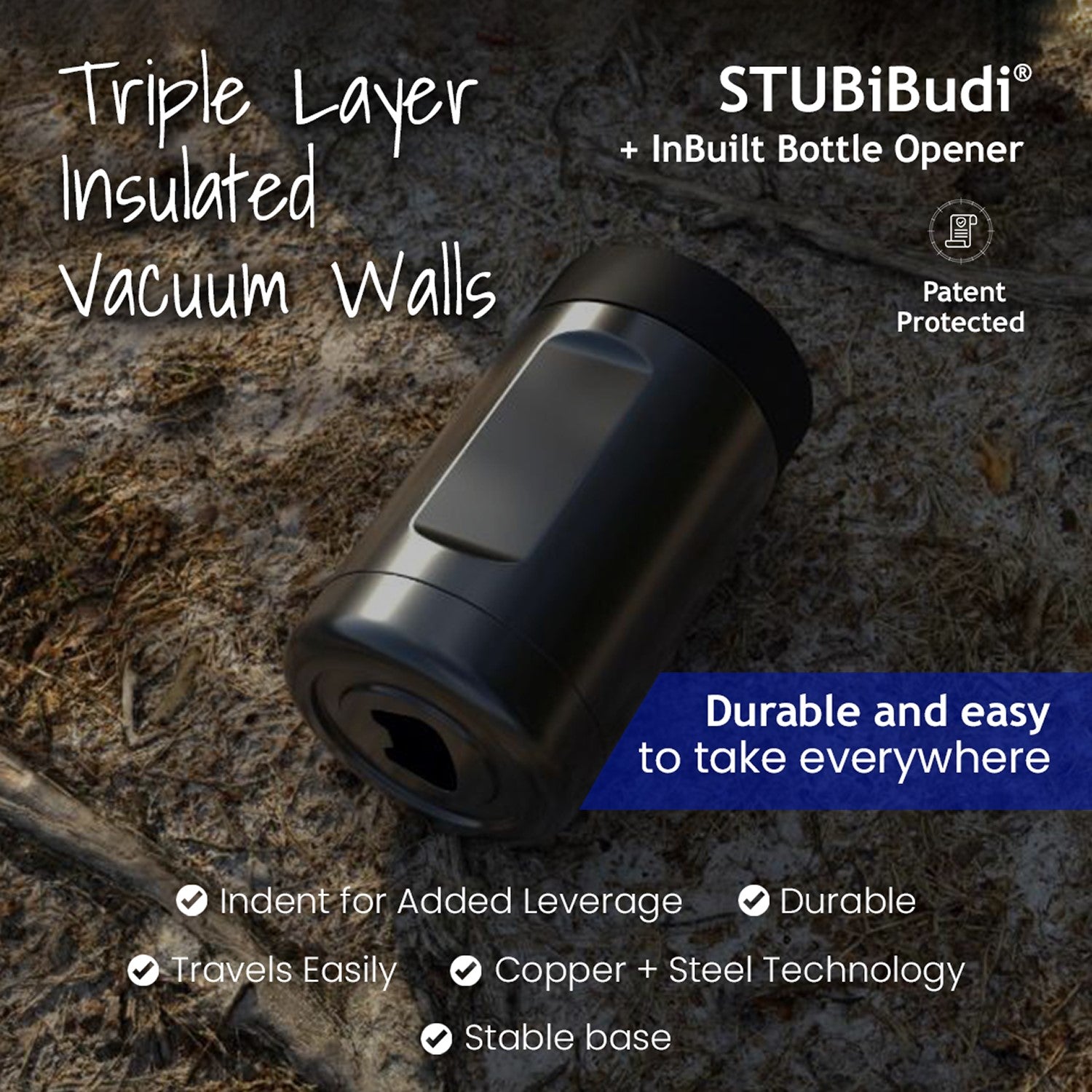 STUBiBudi 14oz Beer Cooler for Bottles & Cans Built-In Bottle Opener (Navy)