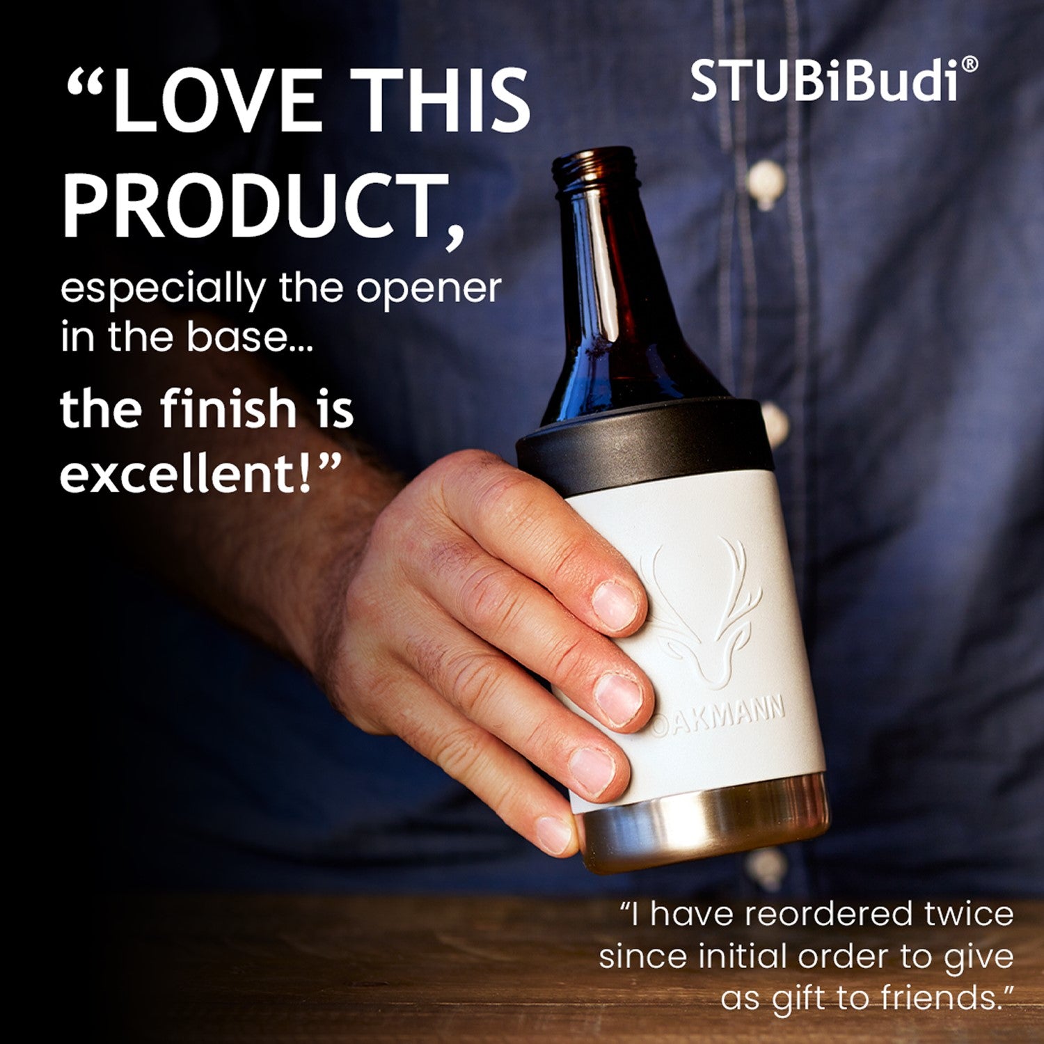 STUBiBudi 14oz Beer Cooler for Bottles & Cans Built-In Bottle Opener (Mist Grey)