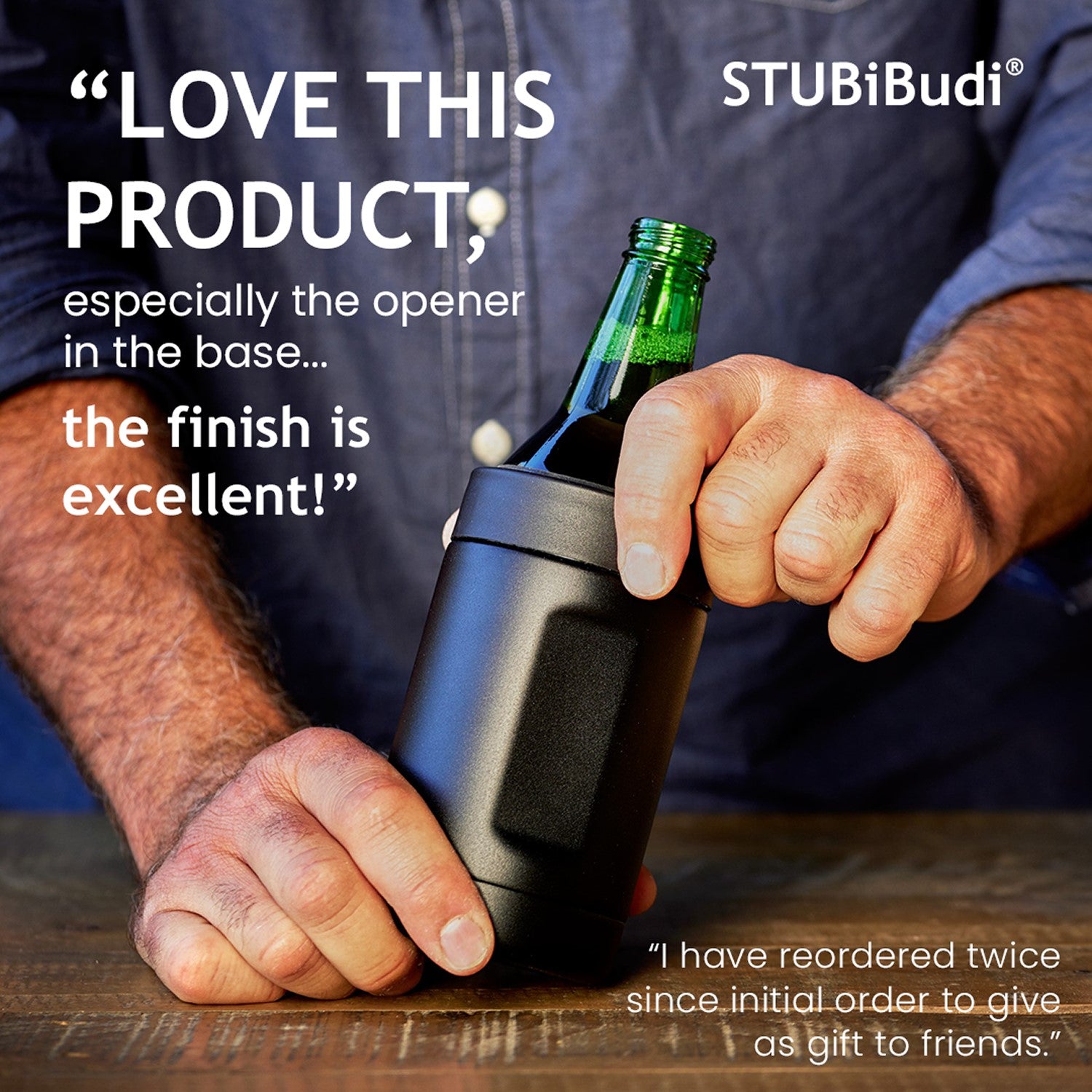STUBiBudi 14oz Beer Cooler for Bottles & Cans Built-In Bottle Opener (Matt Black)