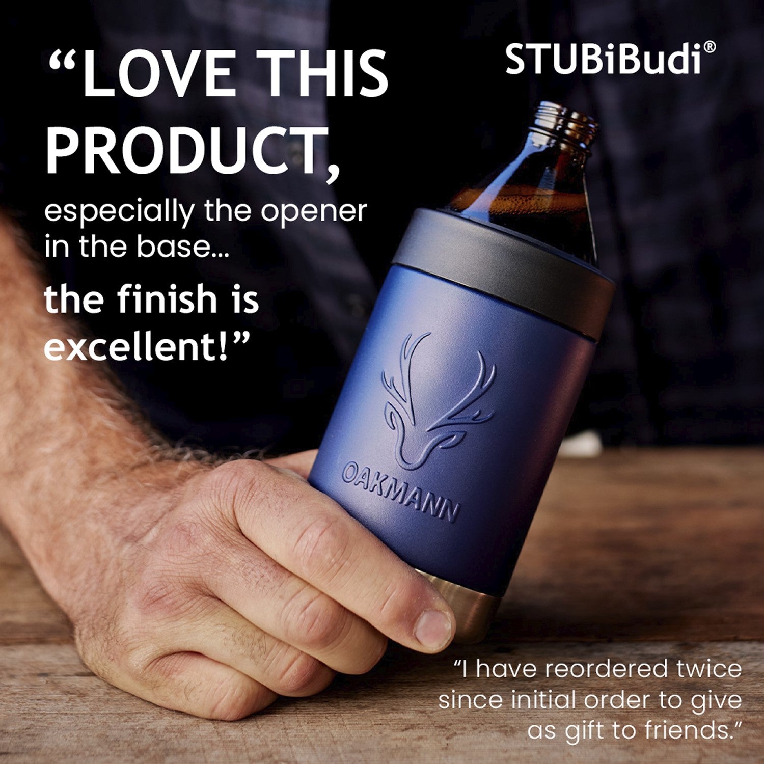 STUBiBudi 14oz Beer Cooler for Bottles & Cans Built-In Bottle Opener (Navy)