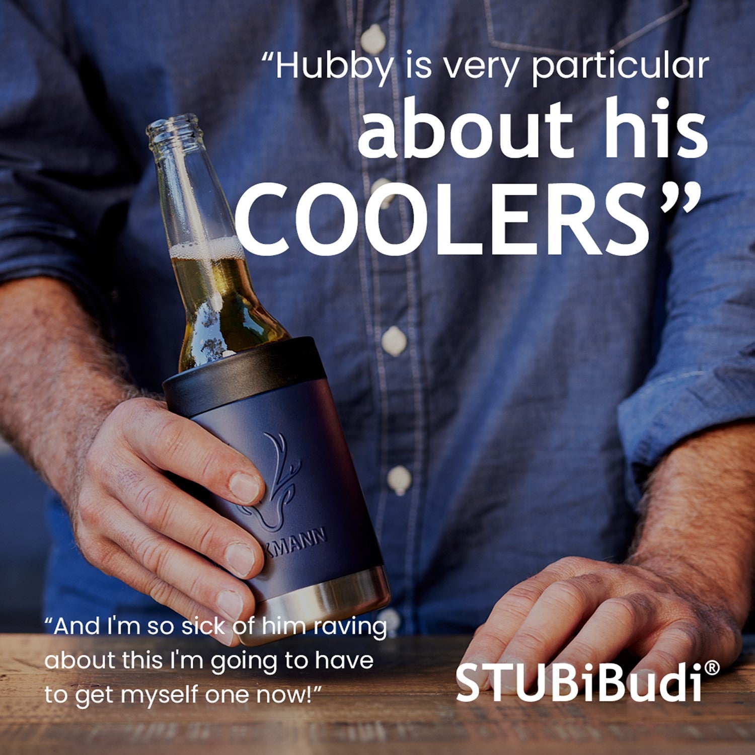 STUBiBudi 14oz Beer Cooler for Bottles & Cans Built-In Bottle Opener (Navy)