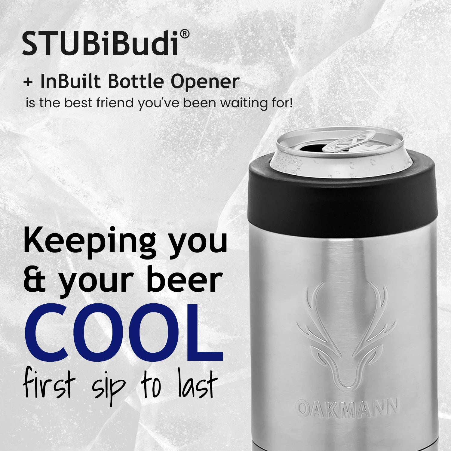 STUBiBudi 14oz Beer Cooler for Bottles & Cans Built-In Bottle Opener (Steel)