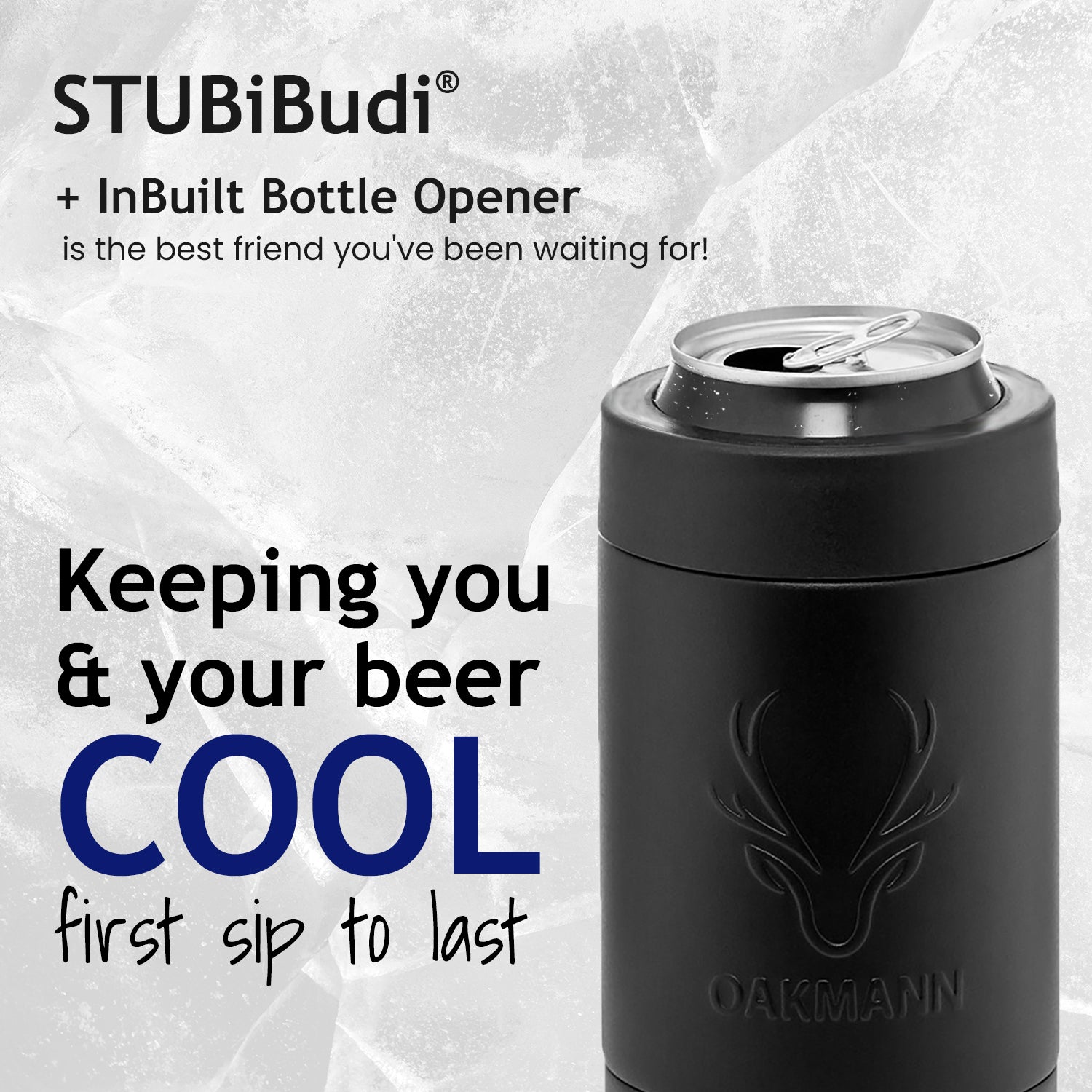 STUBiBudi 14oz Beer Cooler for Bottles & Cans Built-In Bottle Opener (Matt Black)