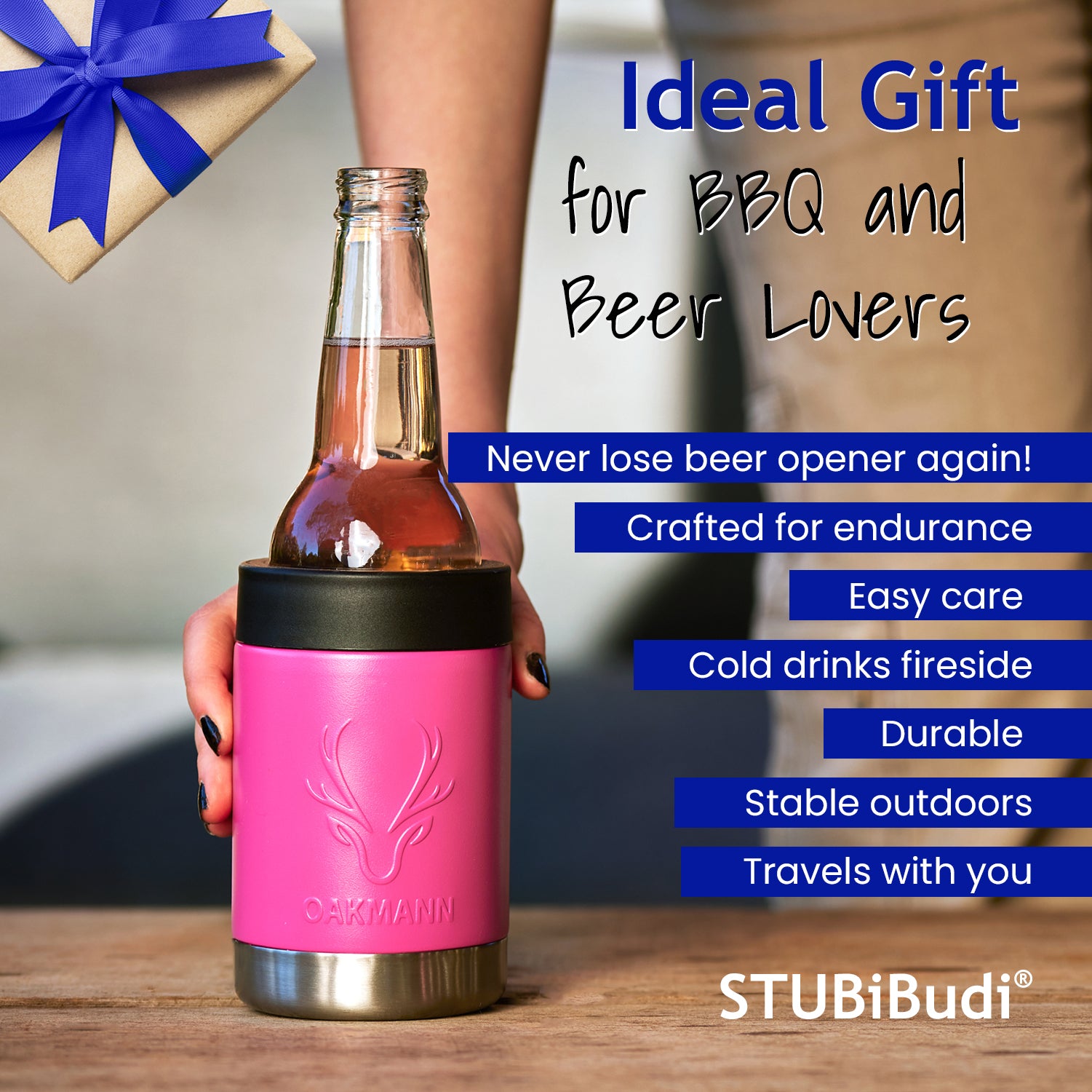 STUBiBudi 14oz Beer Cooler for Bottles & Cans Built-in Bottle Opener (Pink)