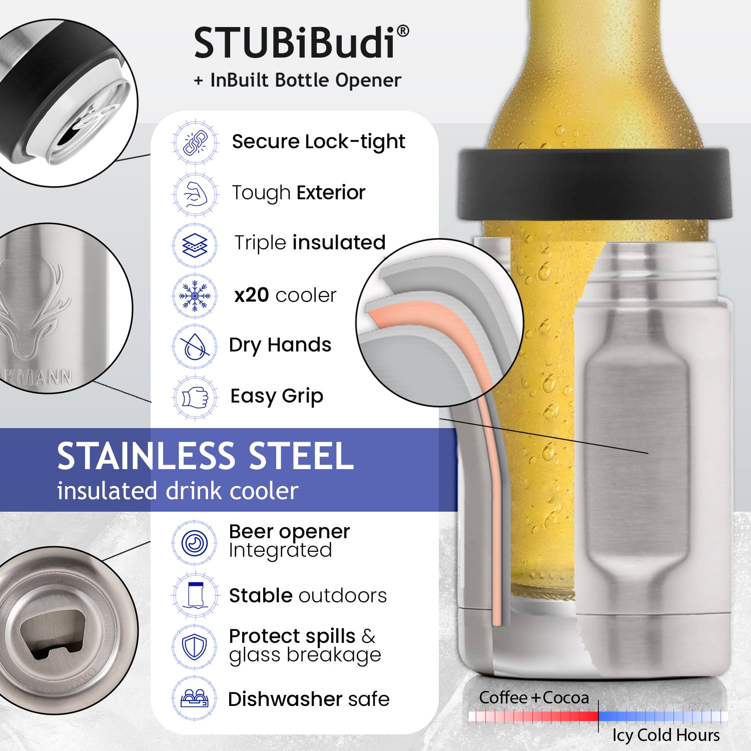 STUBiBudi 14oz Beer Cooler for Bottles & Cans Built-In Bottle Opener (Steel)