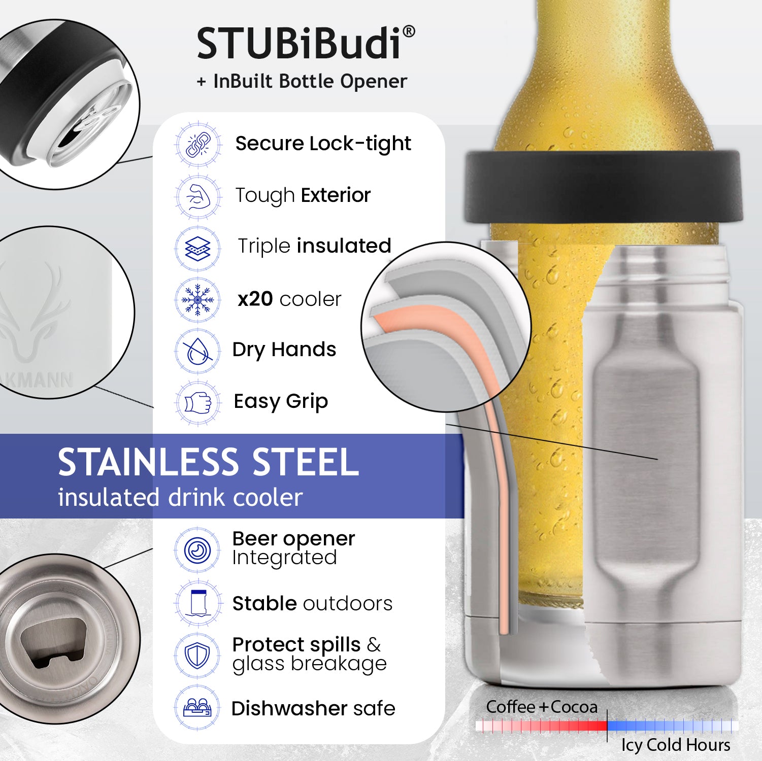 STUBiBudi 12oz Beer Cooler for Bottles and Cans with Bottle Opener (White)