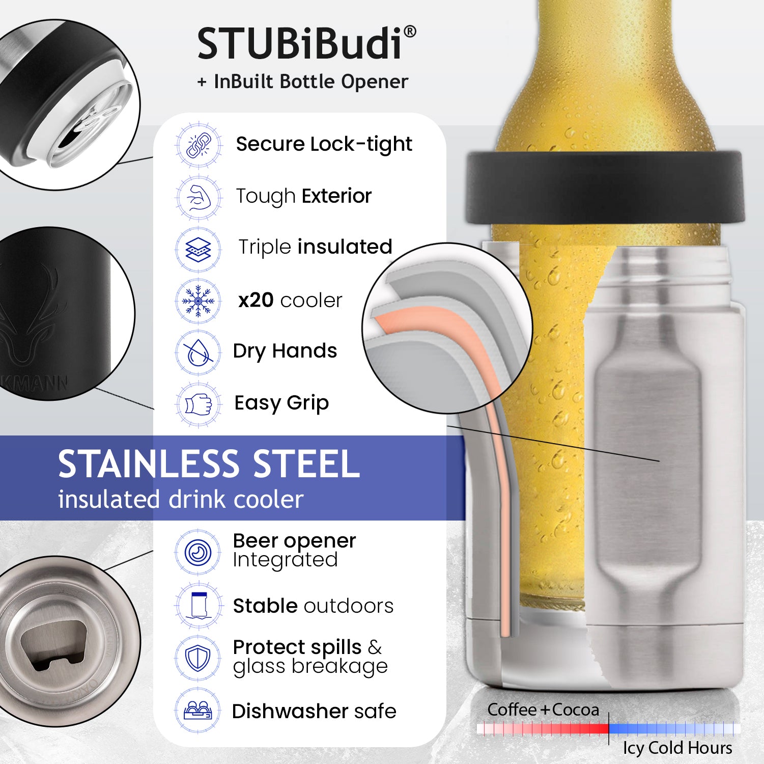 STUBiBudi 14oz Beer Cooler for Bottles & Cans Built-In Bottle Opener (Matt Black)