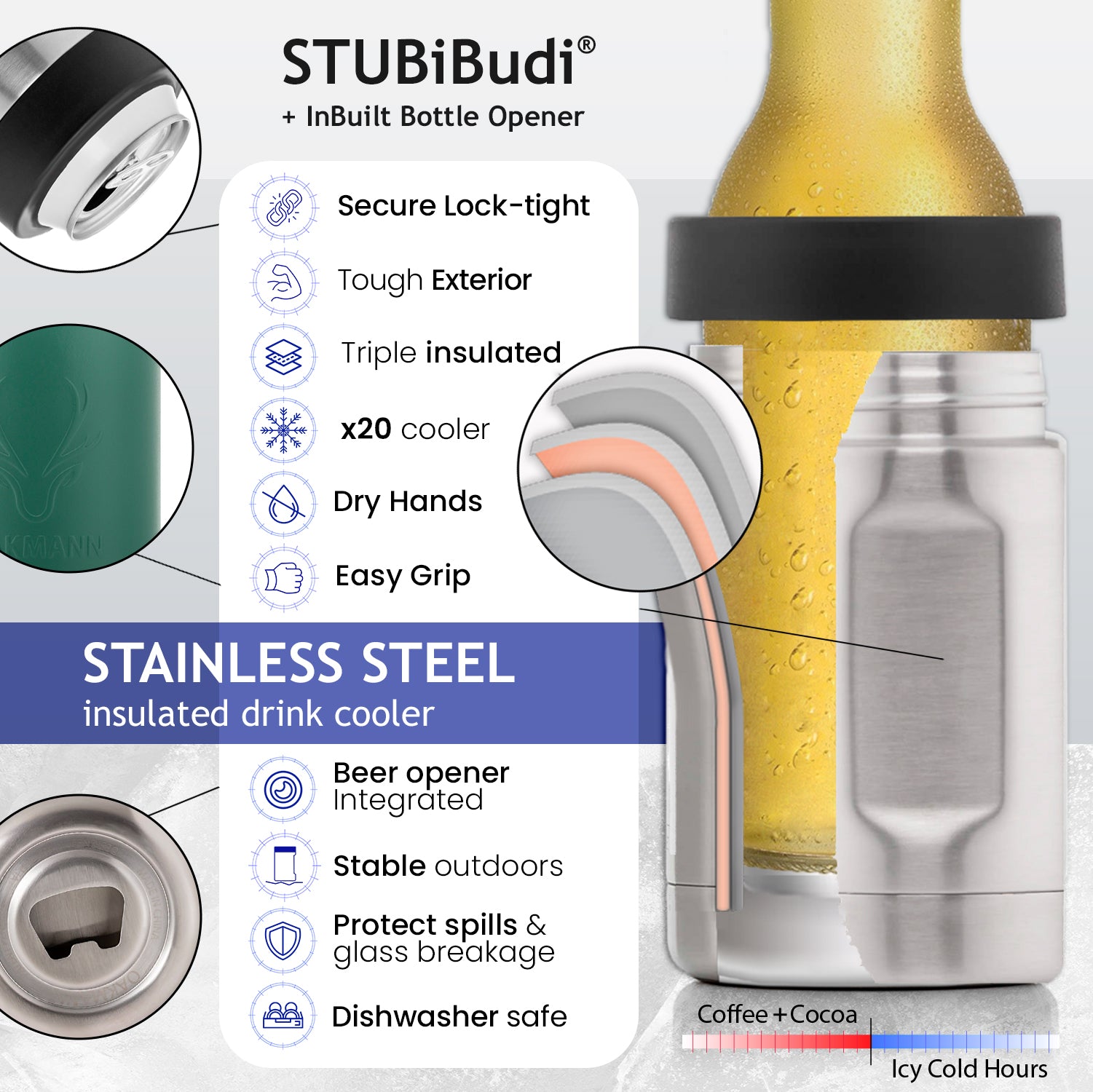 STUBiBudi 14oz Beer Cooler for Bottles & Cans Built-In Bottle Opener (Green)