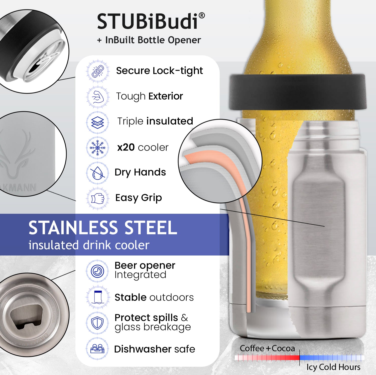 STUBiBudi 14oz Beer Cooler for Bottles & Cans Built-In Bottle Opener (Mist Grey)