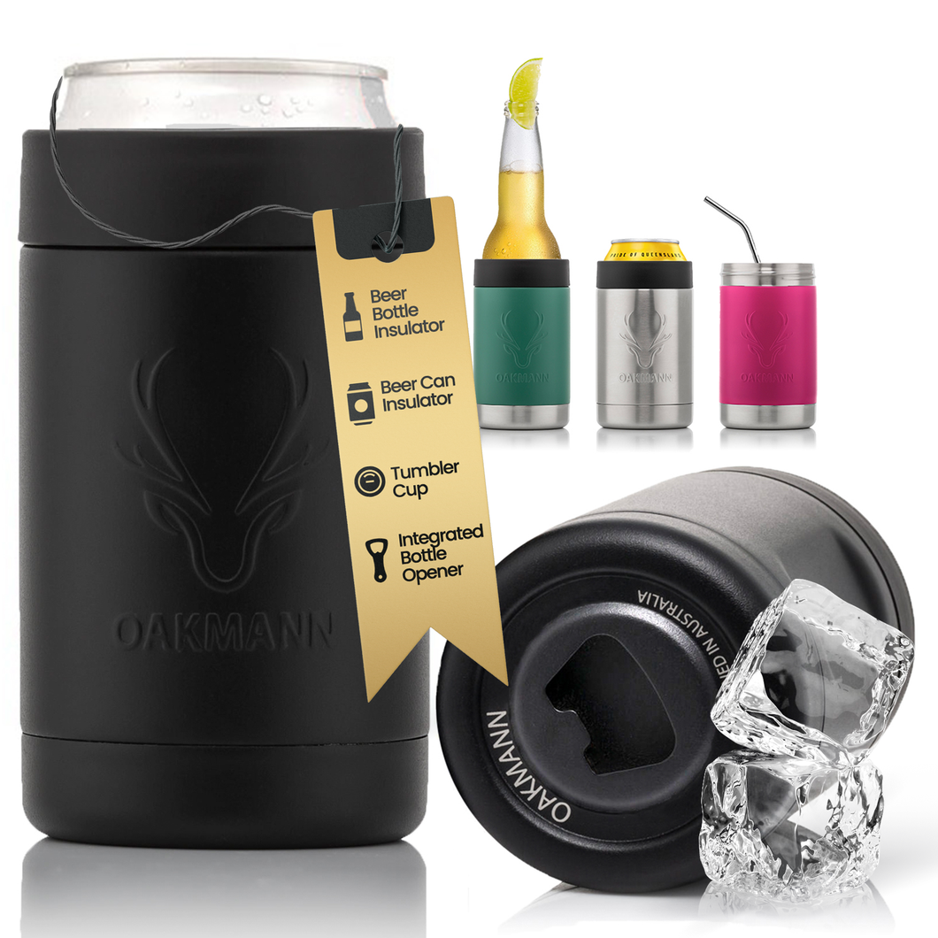 STUBiBudi 14oz Beer Cooler for Bottles & Cans Built-In Bottle Opener (Matt Black)