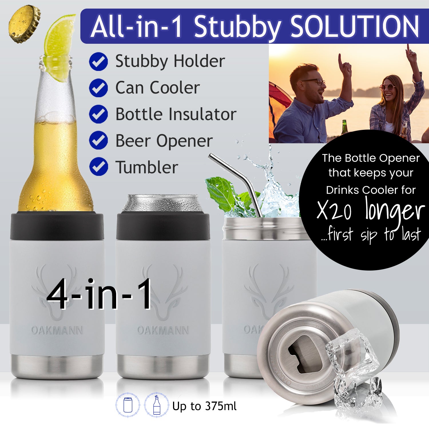 STUBiBudi 14oz Beer Cooler for Bottles & Cans Built-In Bottle Opener (Mist Grey)