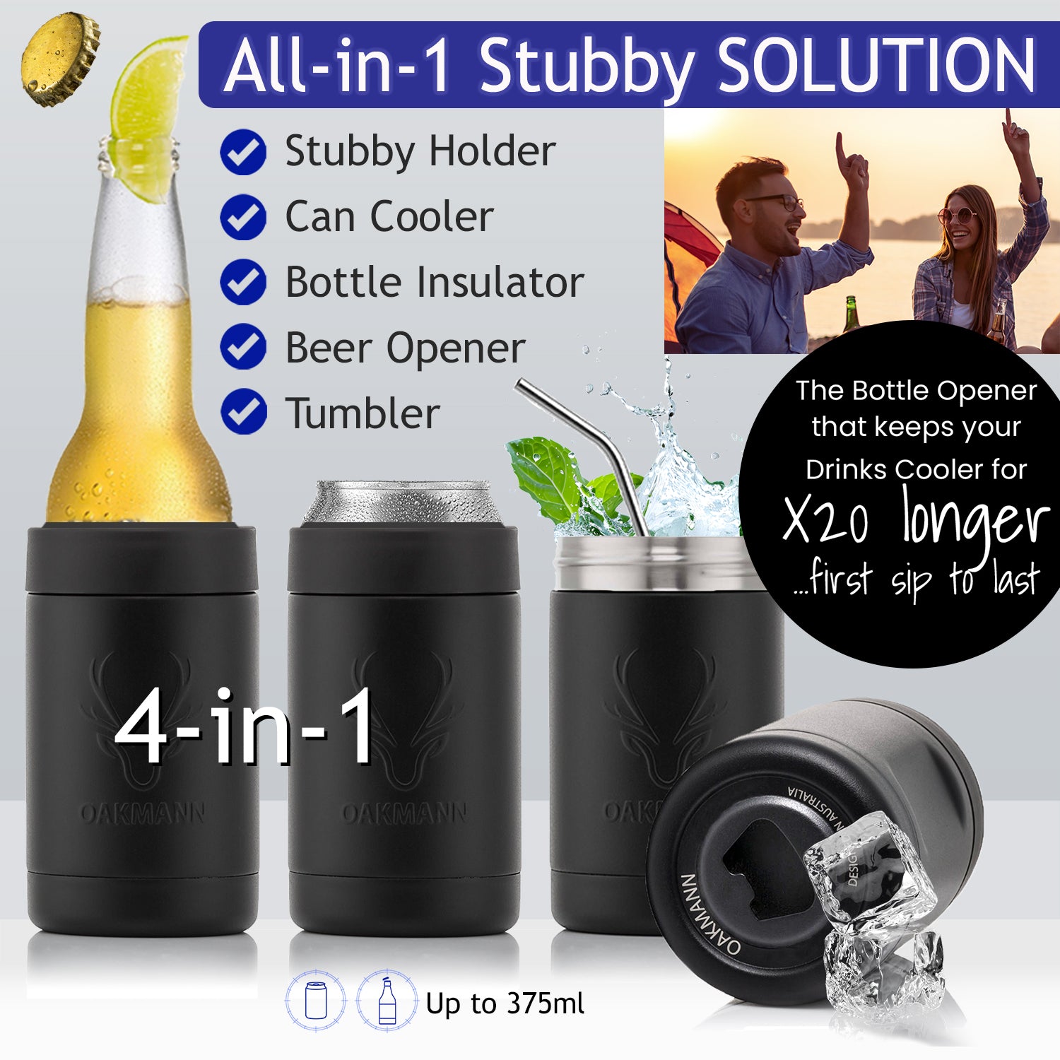 STUBiBudi 14oz Beer Cooler for Bottles & Cans Built-In Bottle Opener (Matt Black)