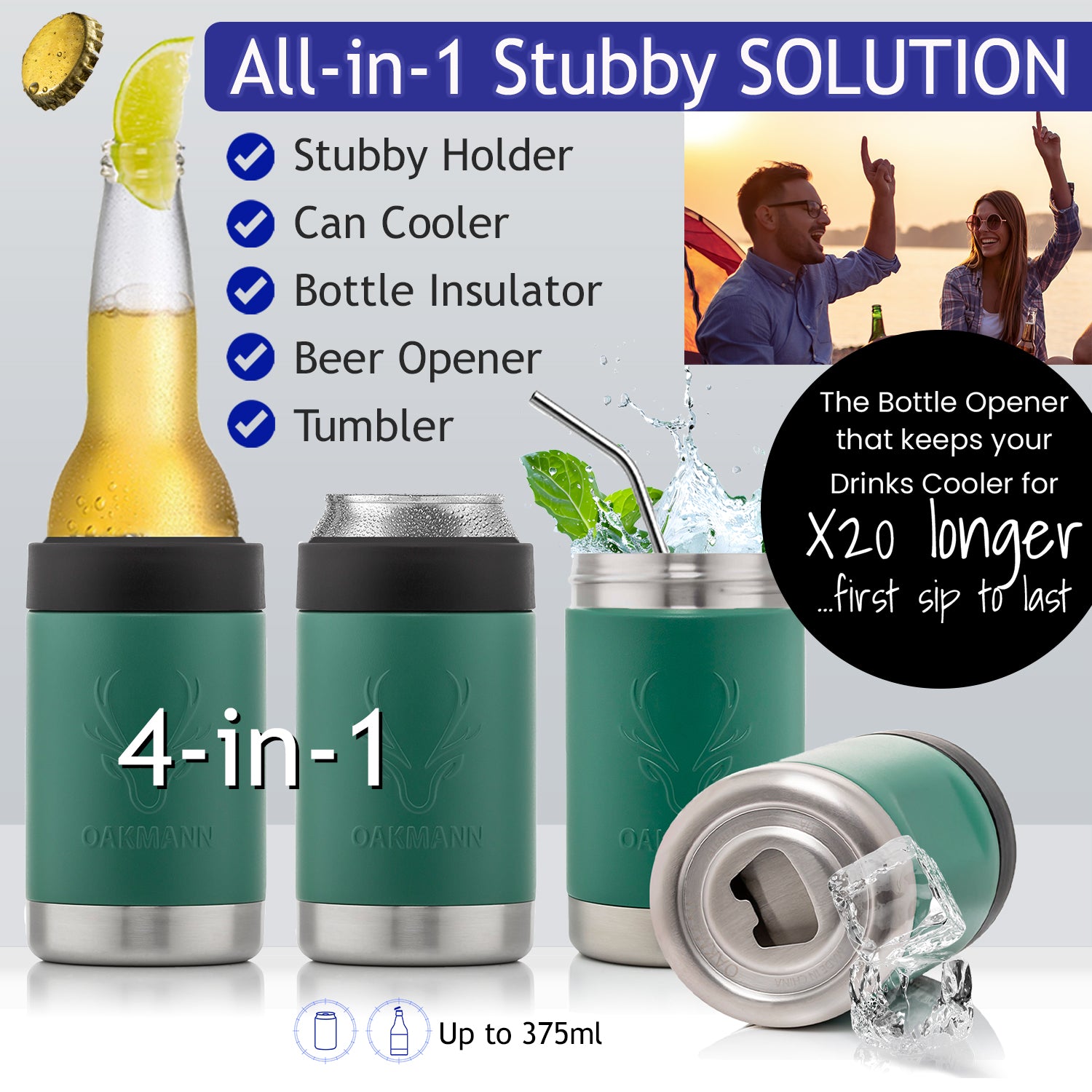 STUBiBudi 14oz Beer Cooler for Bottles & Cans Built-In Bottle Opener (Green)
