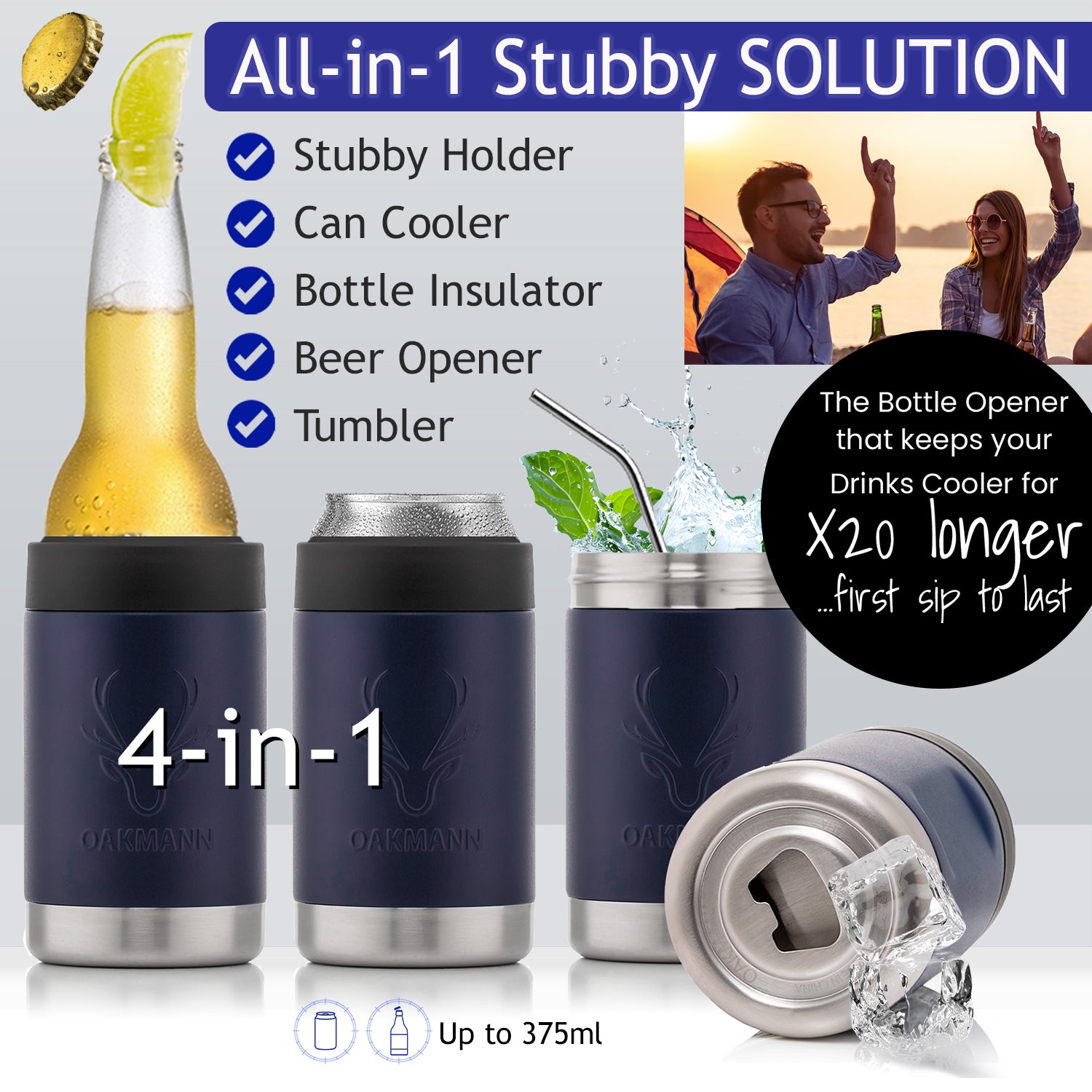 STUBiBudi 14oz Beer Cooler for Bottles & Cans Built-In Bottle Opener (Navy)