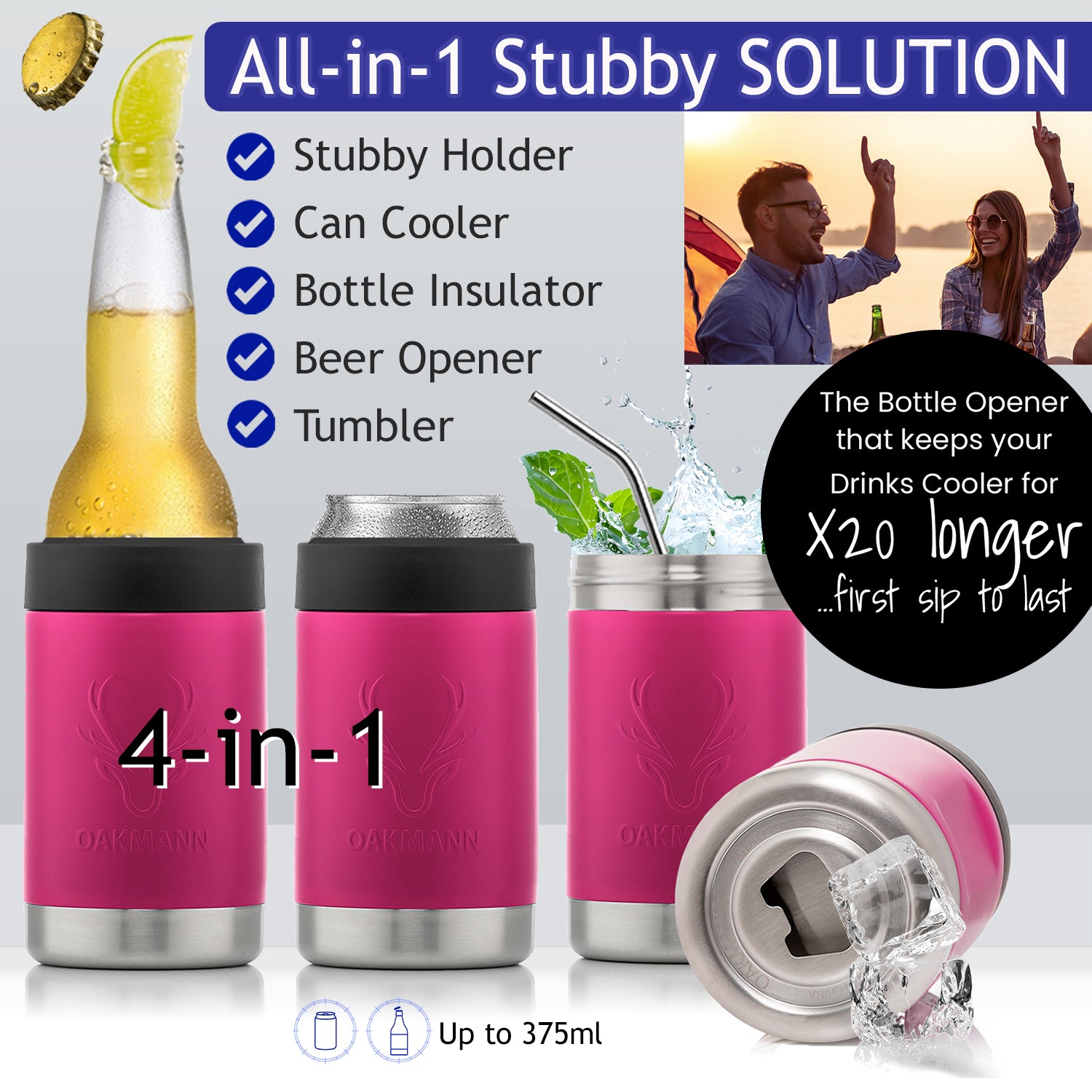 STUBiBudi 14oz Beer Cooler for Bottles & Cans Built-in Bottle Opener (Pink)