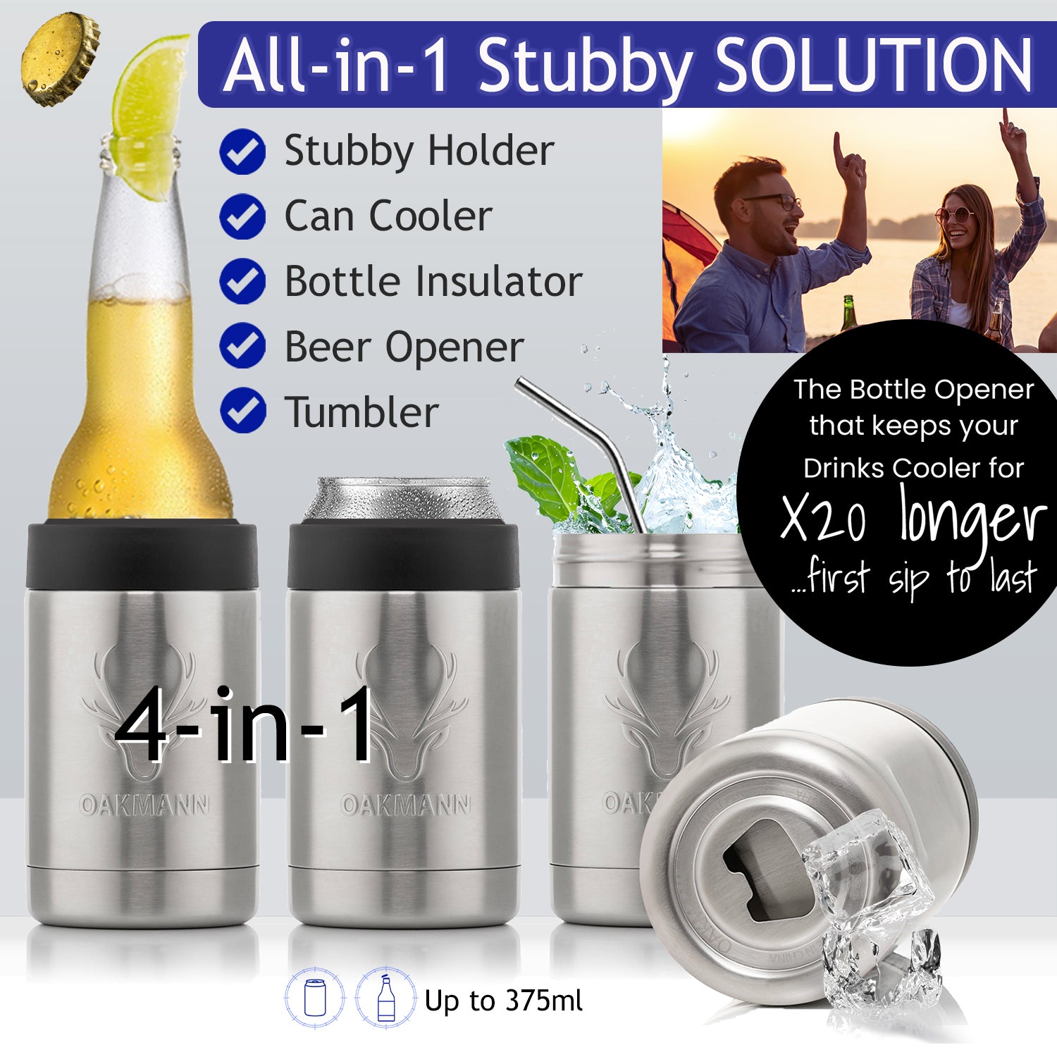STUBiBudi 14oz Beer Cooler for Bottles & Cans Built-In Bottle Opener (Steel)